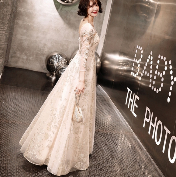 Champagne Sequined 3/4 Sleeve Gown